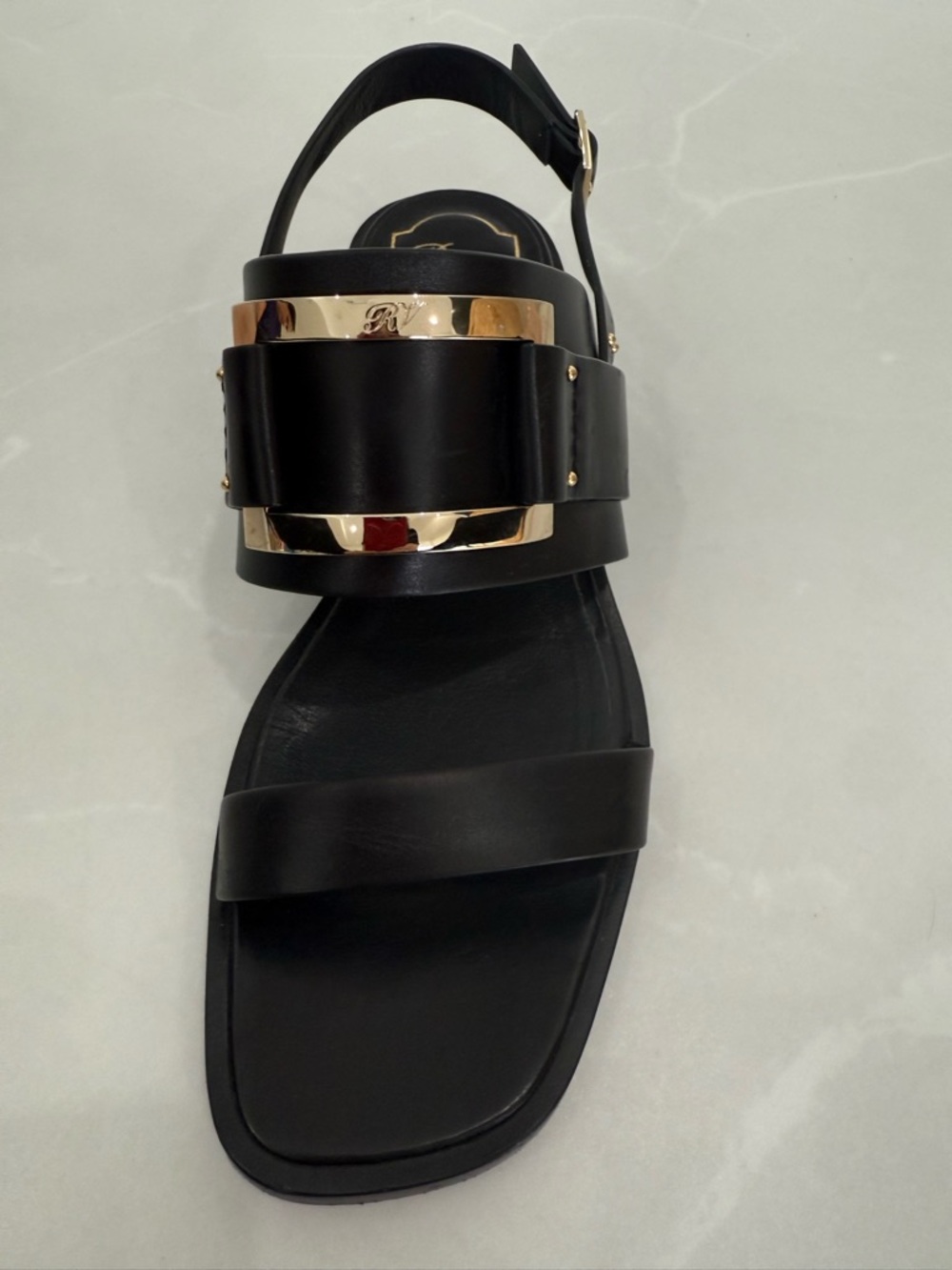 Roger Vivier Black Leather Sandals with Gold Accents - Picture 5 of 5